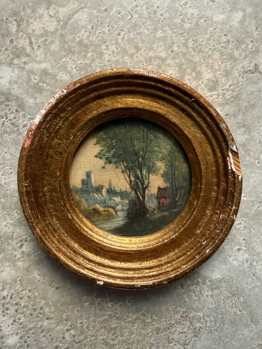 Vintage Italian Florentine Round Landscape Water Scene Wall Plaque 4”
